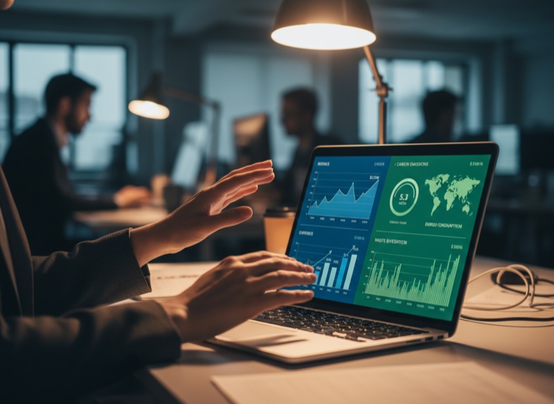 Dual dashboards showing financial metrics and carbon emissions side by side