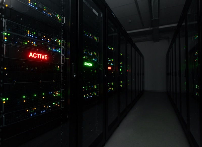 Server rack with active and standby indicator lights in a dark data centre