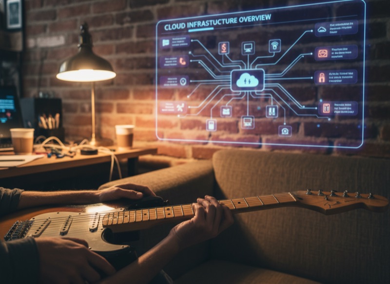 A vintage Les Paul electric guitar beside a laptop in a home studio