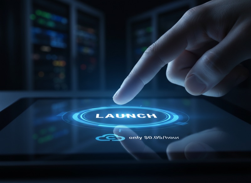 A finger reaching toward a glowing launch button on a tablet