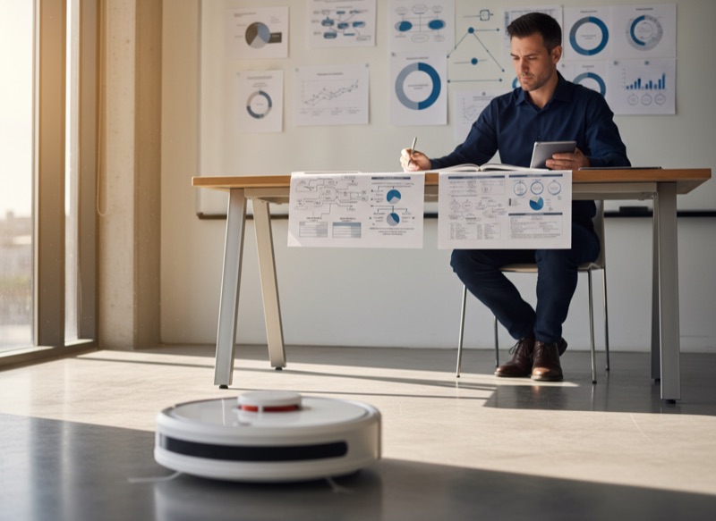 A round robot vacuum cleaning an office floor while a professional works at a strategy whiteboard