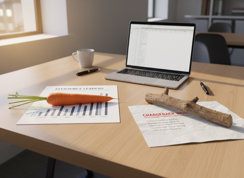 A literal carrot and stick arranged on a modern office desk beside performance metrics