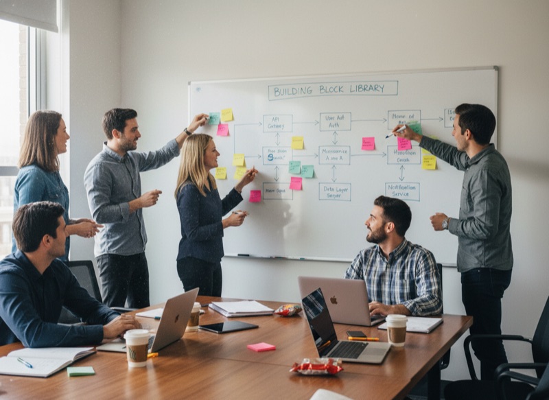 Wooden modular building blocks arranged on a workshop table