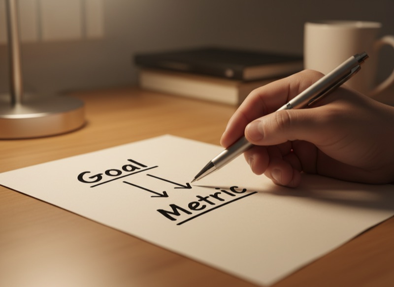 Hand pointing to a KPI diagram on paper