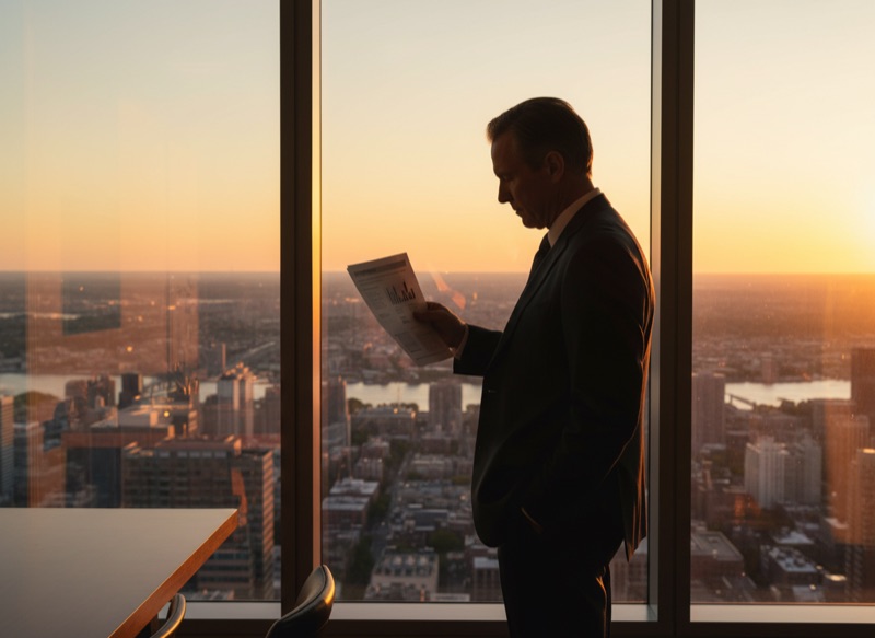 Senior leader at a window reviewing strategy