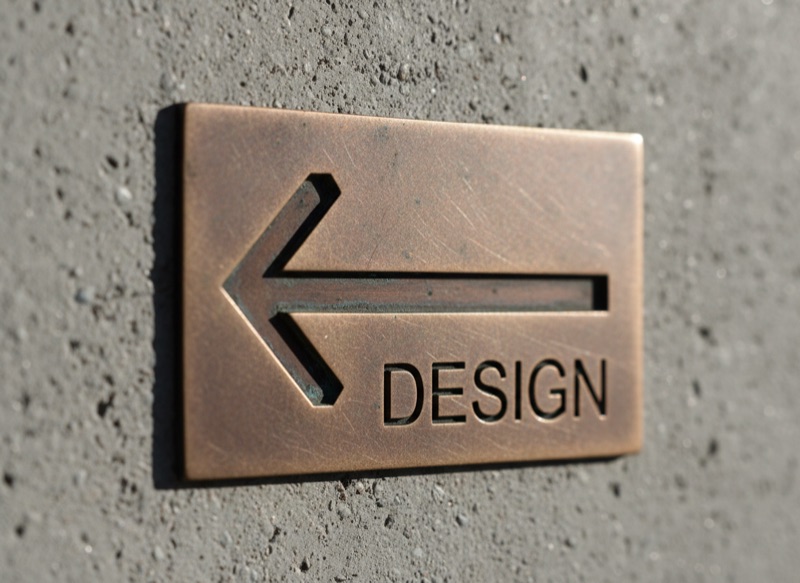 A bronze arrow plaque etched with the word DESIGN