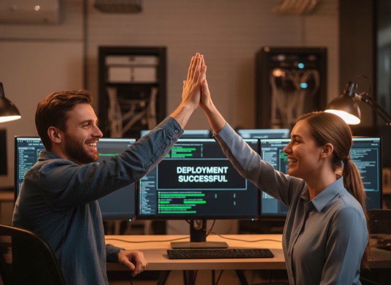 Two engineers sharing a moment of celebration over a successful deployment