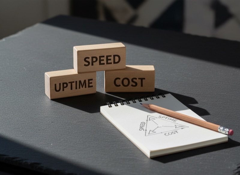 Three wooden blocks labelled SPEED, UPTIME, COST arranged in a triangle on a slate desk