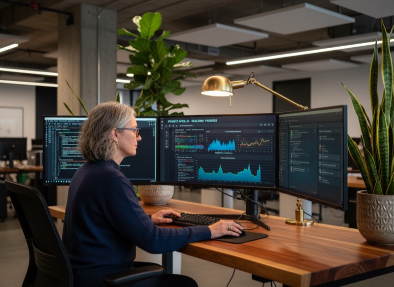A senior engineer working at a multi-monitor workstation reviewing internal dashboards