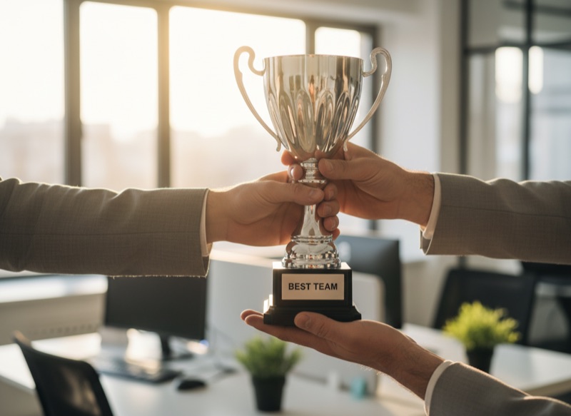 A hand passing a trophy labelled BEST TEAM to another hand in a warm office setting