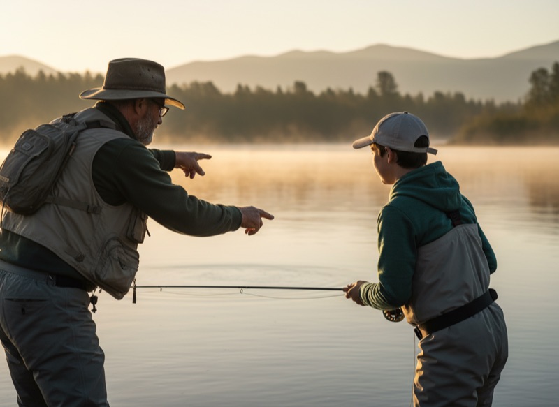 Experienced fisherman guiding a beginner at a misty river, pointing where to cast