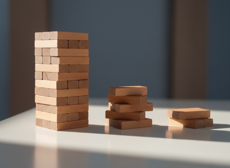 Three stacks of wooden blocks decreasing in height, representing the crawl-walk-run maturity distribution