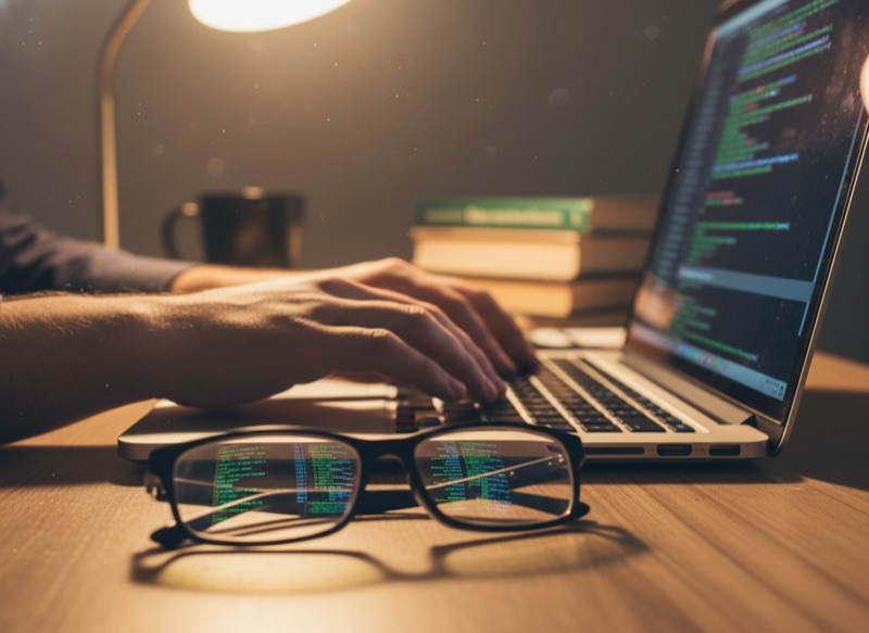Laptop with code on screen and reading glasses resting beside it, in-house engineering