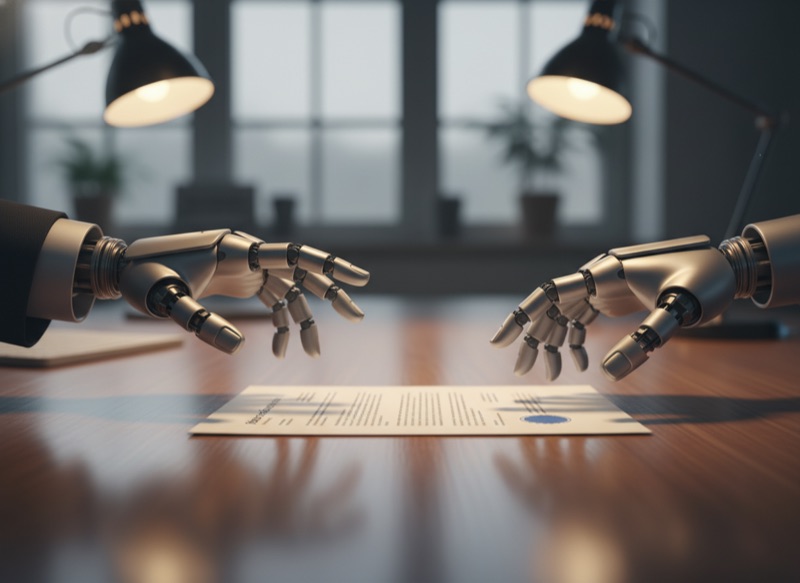 Human hand and robotic hand both reaching toward the same document on a desk