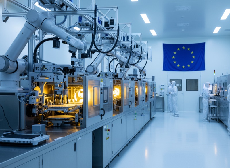 Semiconductor clean room fabrication facility with European Union flag visible in the background